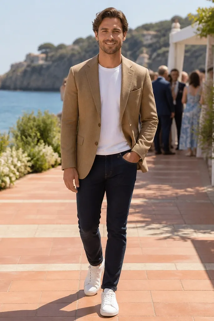 Tan blazer, white tee, navy jeans, clean white sneakers