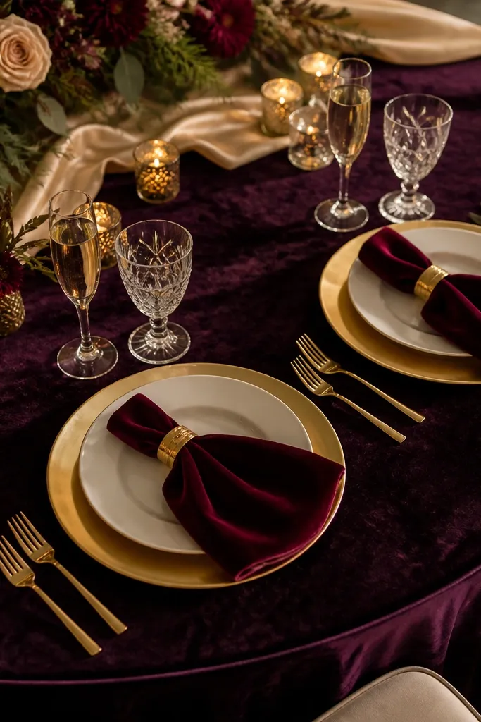 Deep plum velvet cloth draped over a sweetheart table
