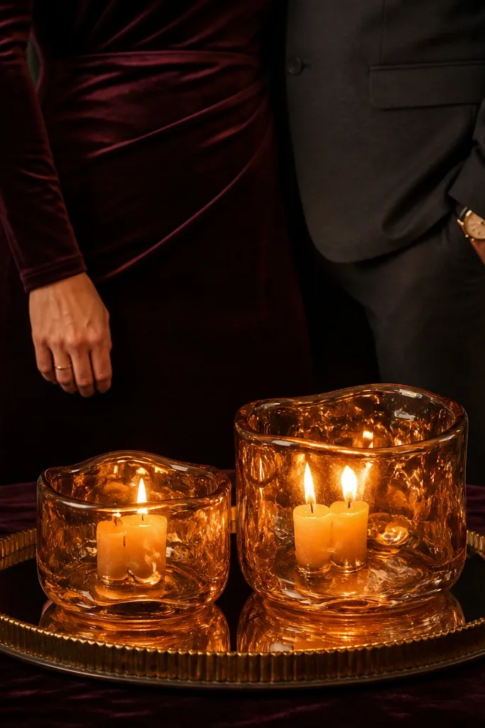 Amber glass candle cluster on a small tray for a sweetheart table