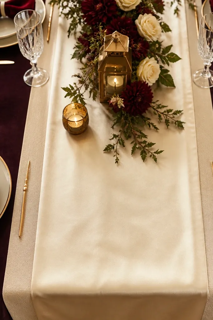 Cream satin runner with a matte textured layer on a sweetheart table