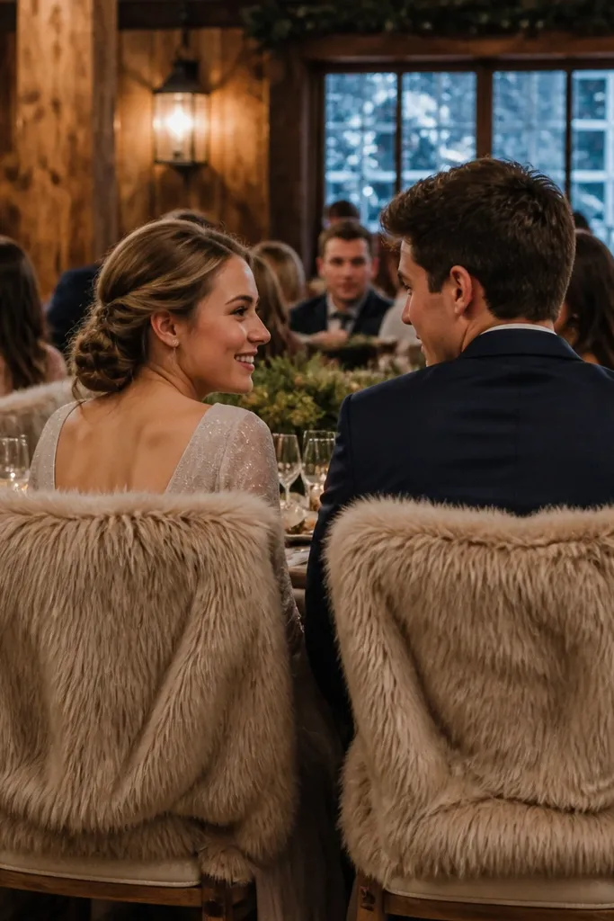 Light taupe faux fur wraps on sweetheart table chair backs