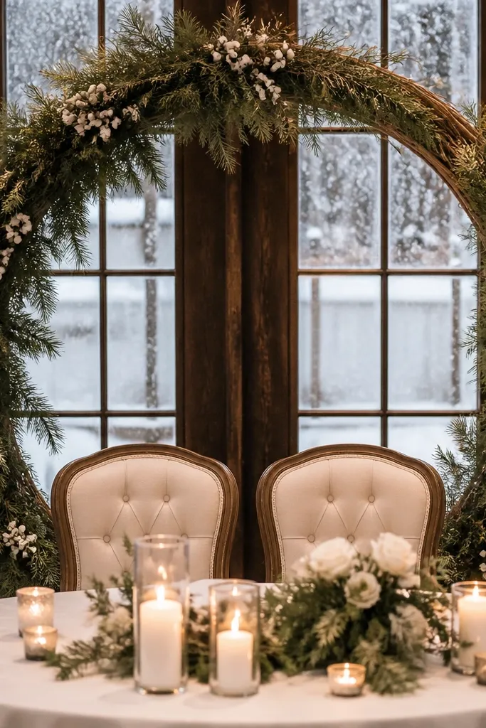 Large hoop wreath backdrop behind a sweetheart table