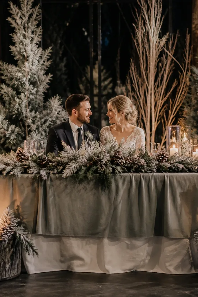 Frosted pinecones and candles at both ends of a sweetheart table