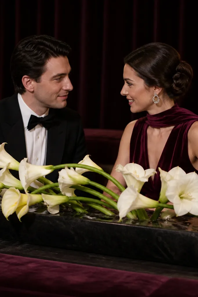 White calla lilies in a low trough centerpiece at a sweetheart table