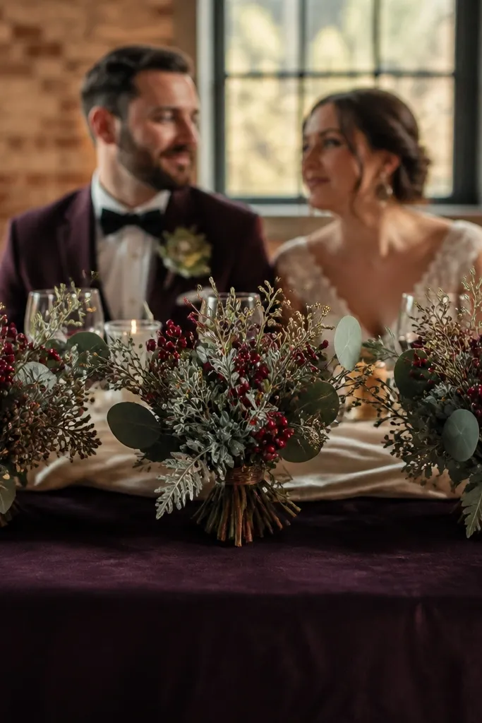 Micro bouquets of berries and seeded eucalyptus placed along the table