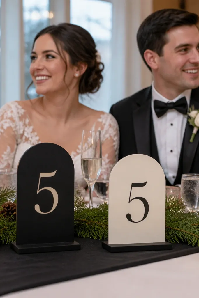 Matte black table number holders with cream cards near the sweetheart table
