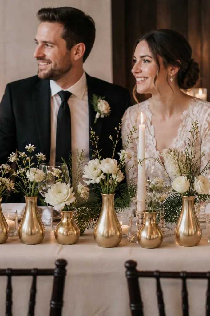 Brushed gold bud vases in a row with small winter stems