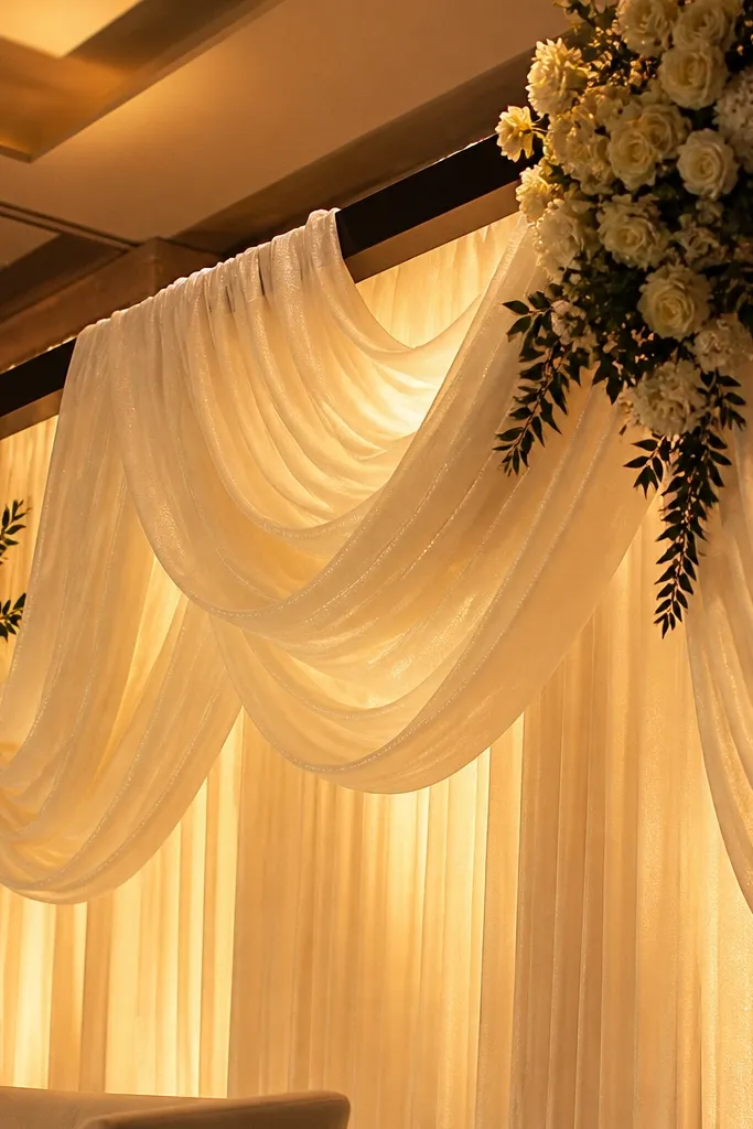 Ivory sheer organza drape hanging behind a sweetheart table over a dark frame