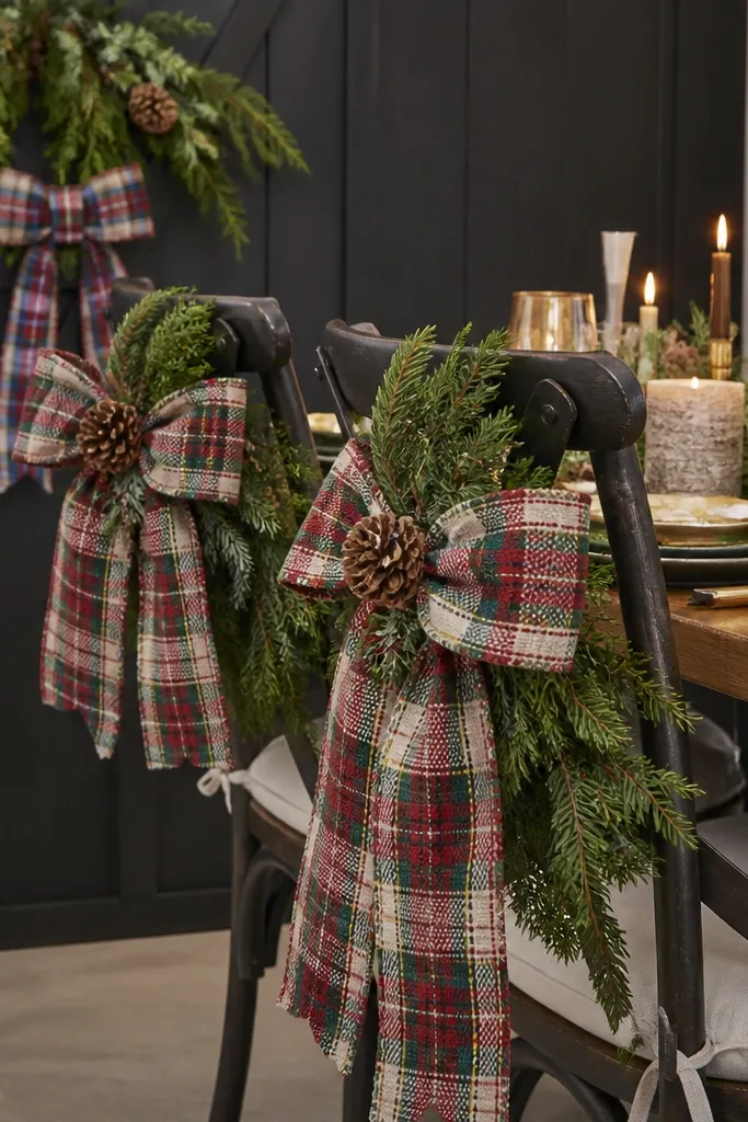 Oversized plaid ribbon tieback connecting chair area to table garland