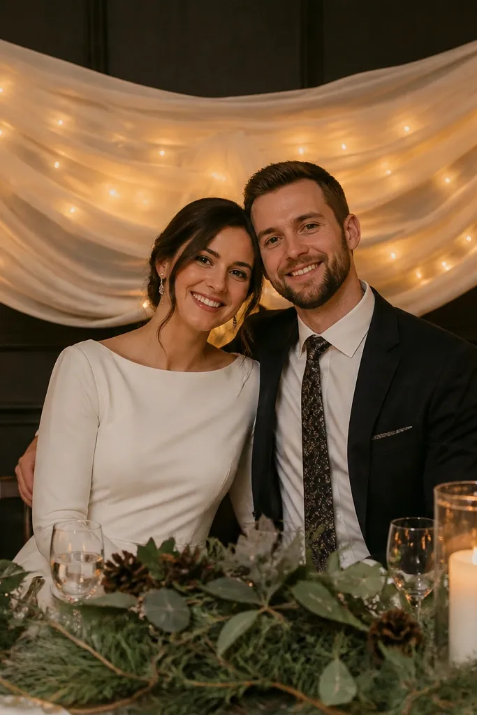 Short curtain swag behind sweetheart table with warm fairy lights