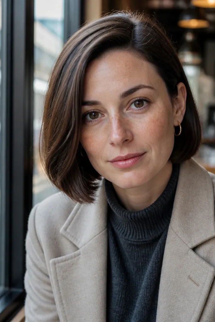 Side-parted short bob with smooth volume and a neat shine finish