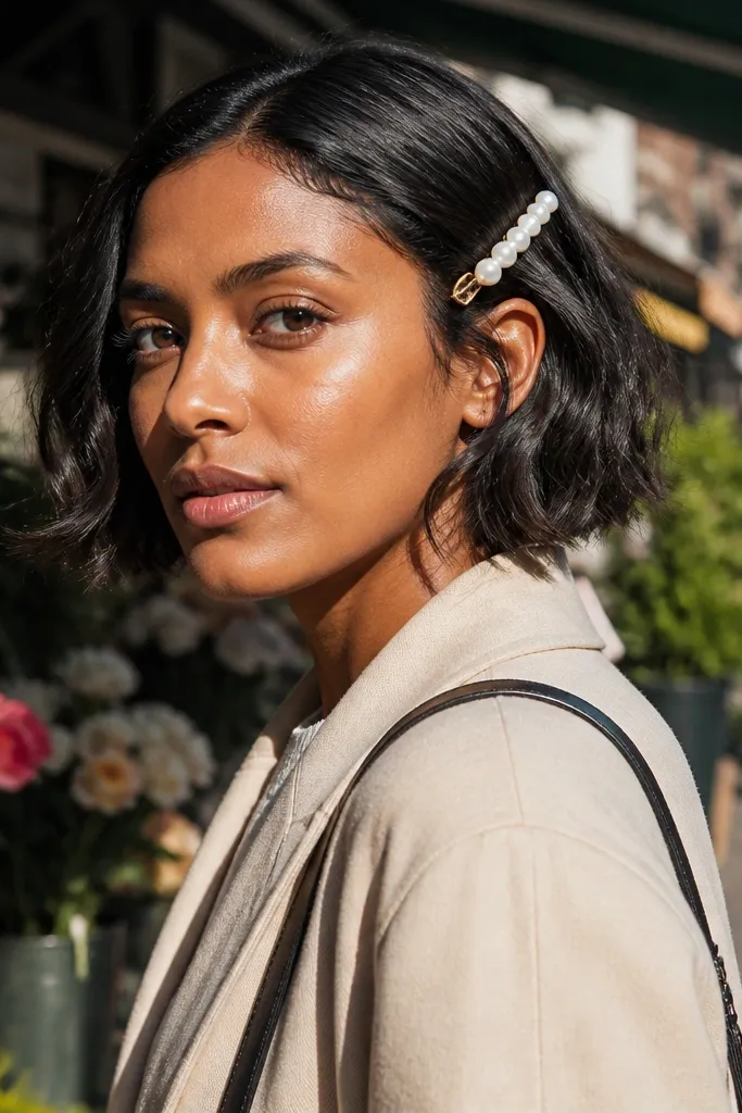 Soft waves on a short bob with a pearl barrette across the side