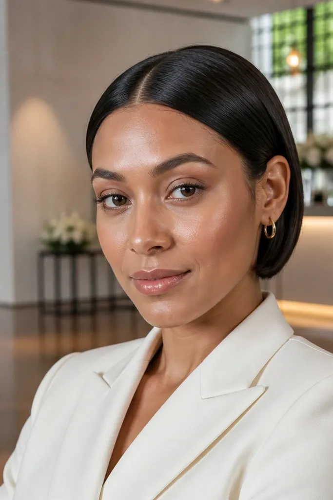 Sleek center-part bob with polished ends tucked neatly