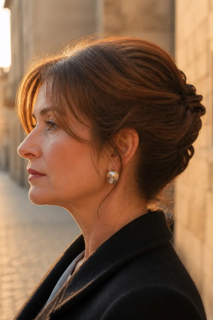 Side French twist with a tidy curl and pins holding the twist in place