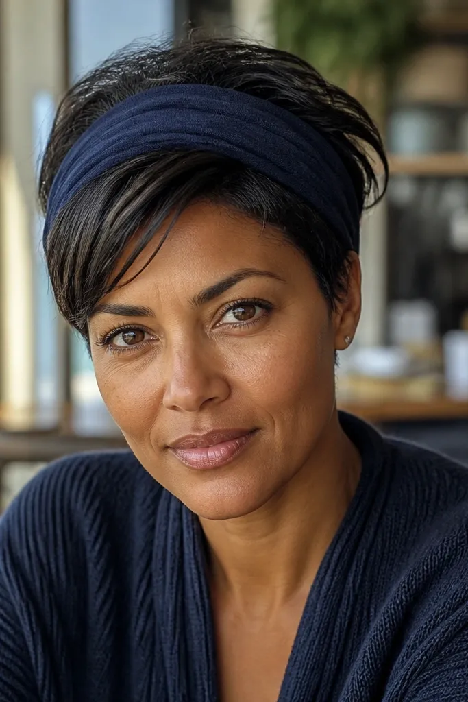 Short hair with controlled texture and a thin headband across the forehead