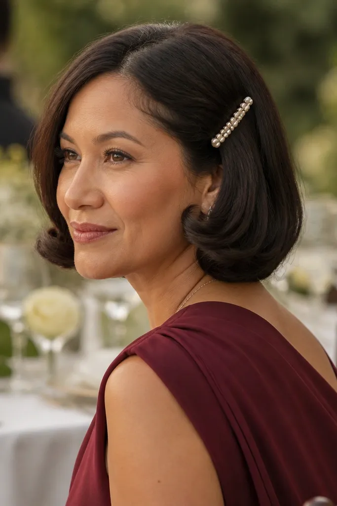 Blunt bob with curled ends and a barrette placed along the side