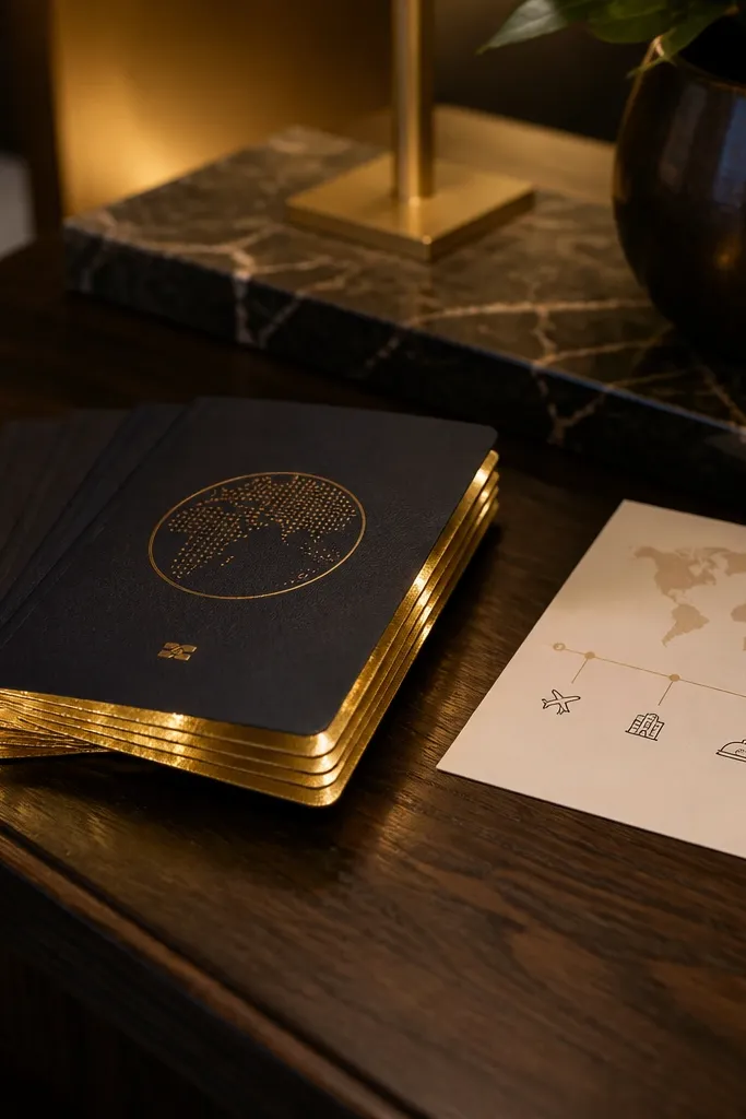 Passport-style card with gold edge, name tab, and small map icon