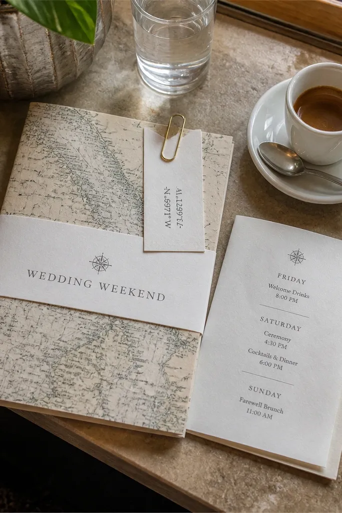 Small paper map sleeve with a bookmark showing coordinates