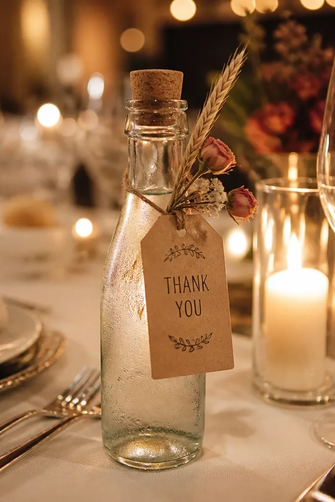 Bottle with a small dried flower sprig and a tag that says clink
