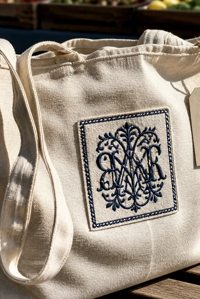 Canvas tote with a small iron-on patch and a tag tied to the handle