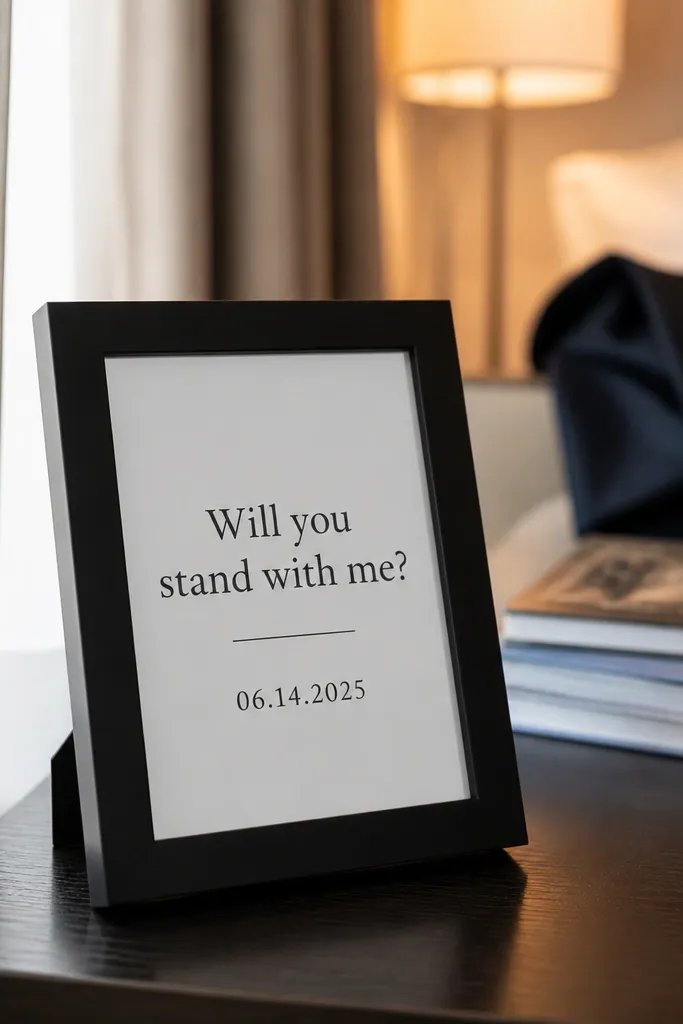 Small tabletop frame with formal text and a tiny crest design
