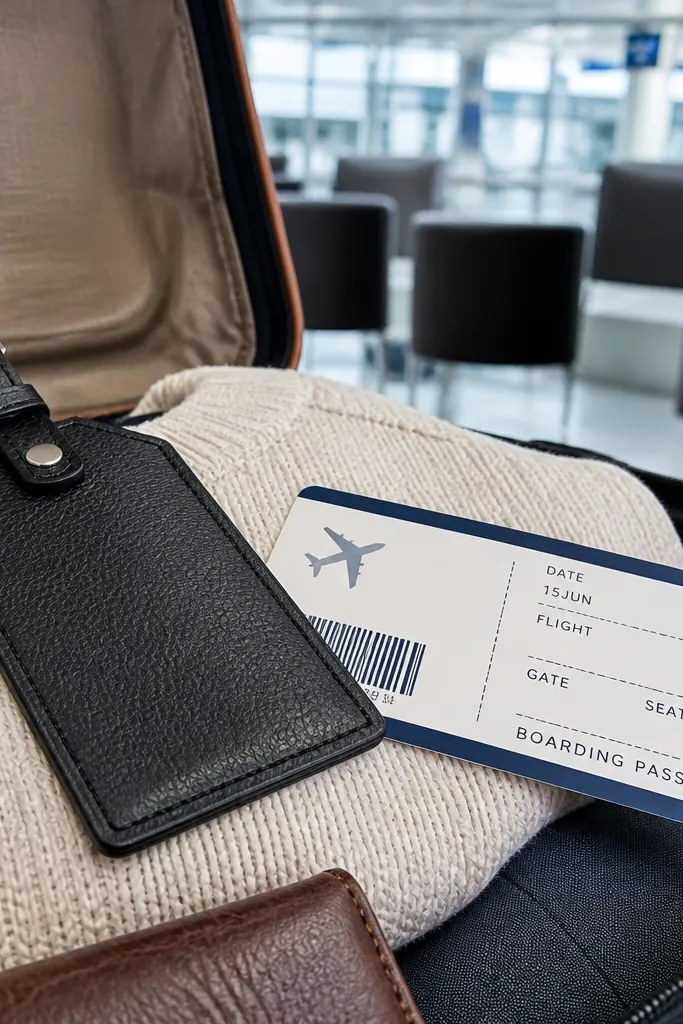 Luggage tag with a boarding pass card tucked behind it
