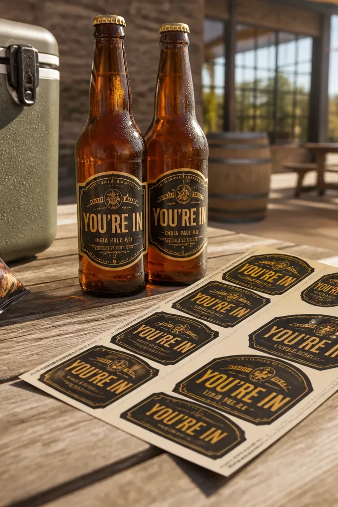 Sticker sheet of beer-label style designs with names and You're in text
