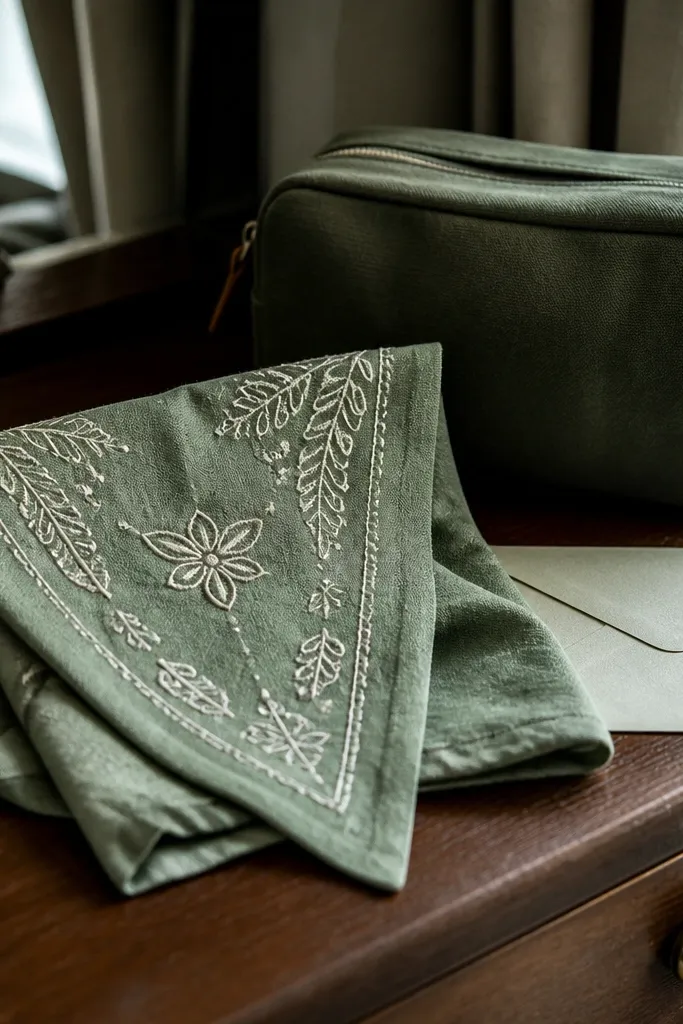 Folded bandana with bold text and a small tag tied to it