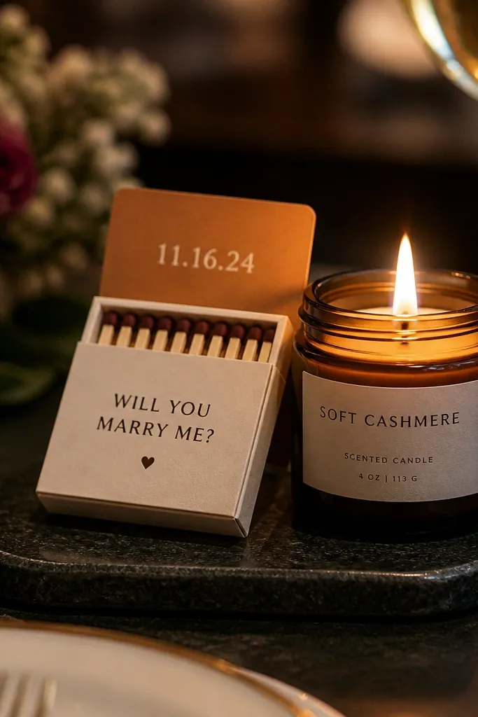 Matchbook with a candle label tag and a small date card