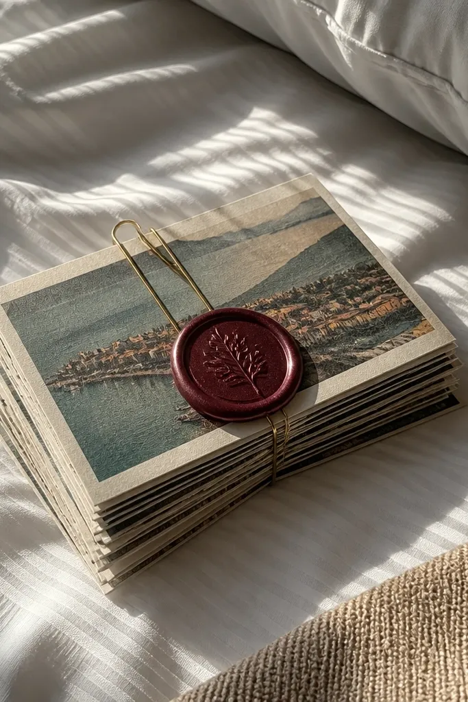 Stack of postcards with a wax-seal style sticker and names on the front