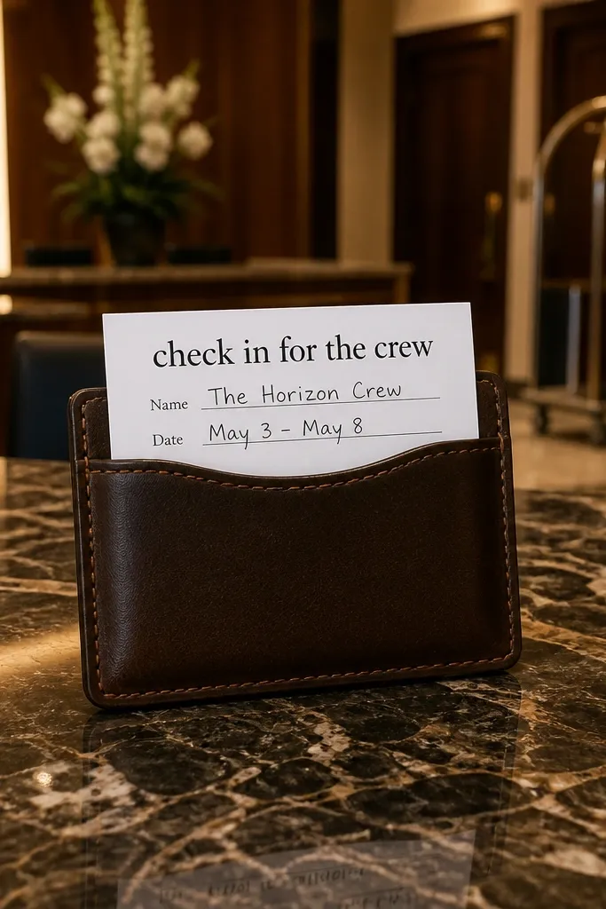 Small keycard holder with a card that says check in for the crew