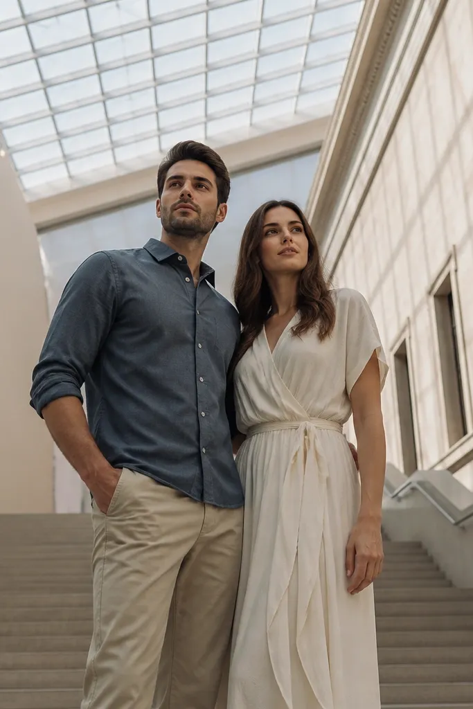 Couple posed on museum stairs under bright skylight with soft shadows