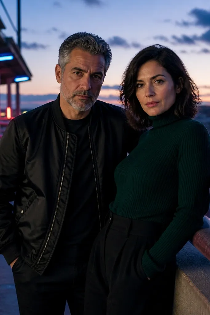 Couple walking beside neon-lit rails on a rooftop parking deck at dusk