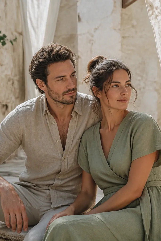 Couple in linen outfits standing in a shaded courtyard with bright walls