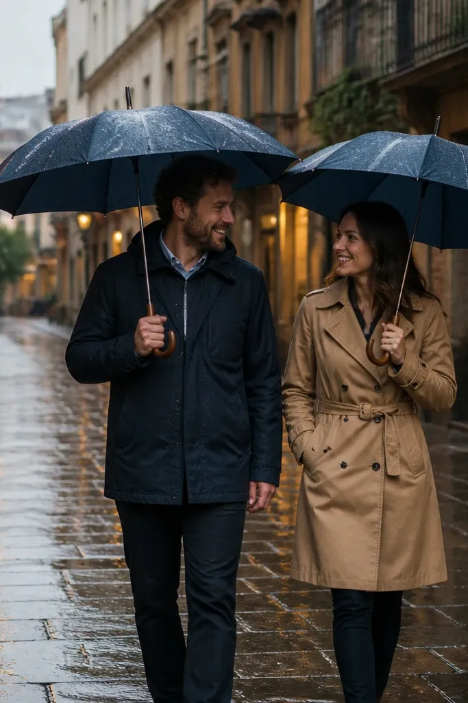Couple under umbrellas walking on wet cobblestones with street reflections