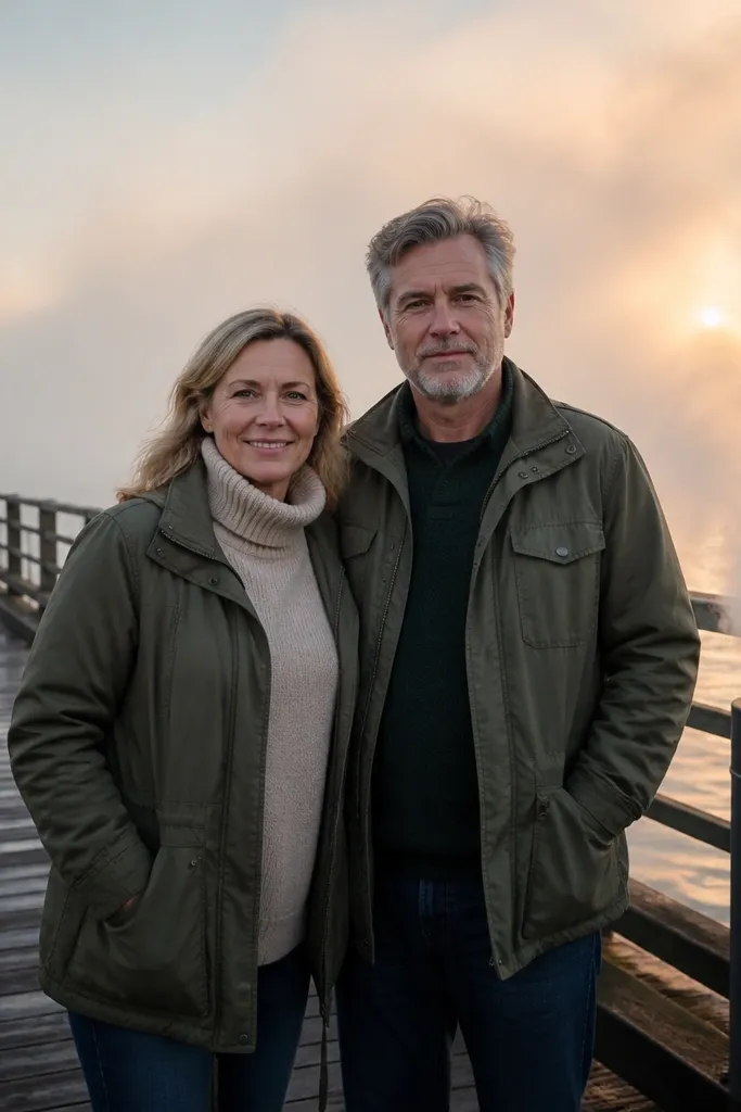 Couple holding hands on a pier at morning with light fog and calm water