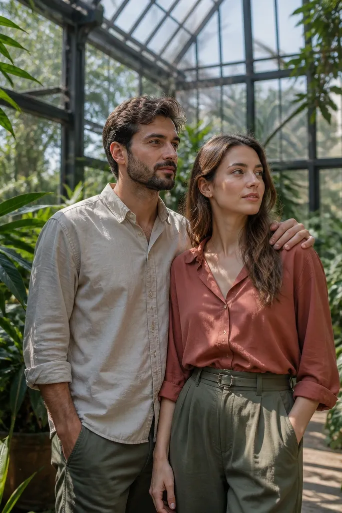 Couple framed by greenhouse glass panels with sun rays and leafy shadows