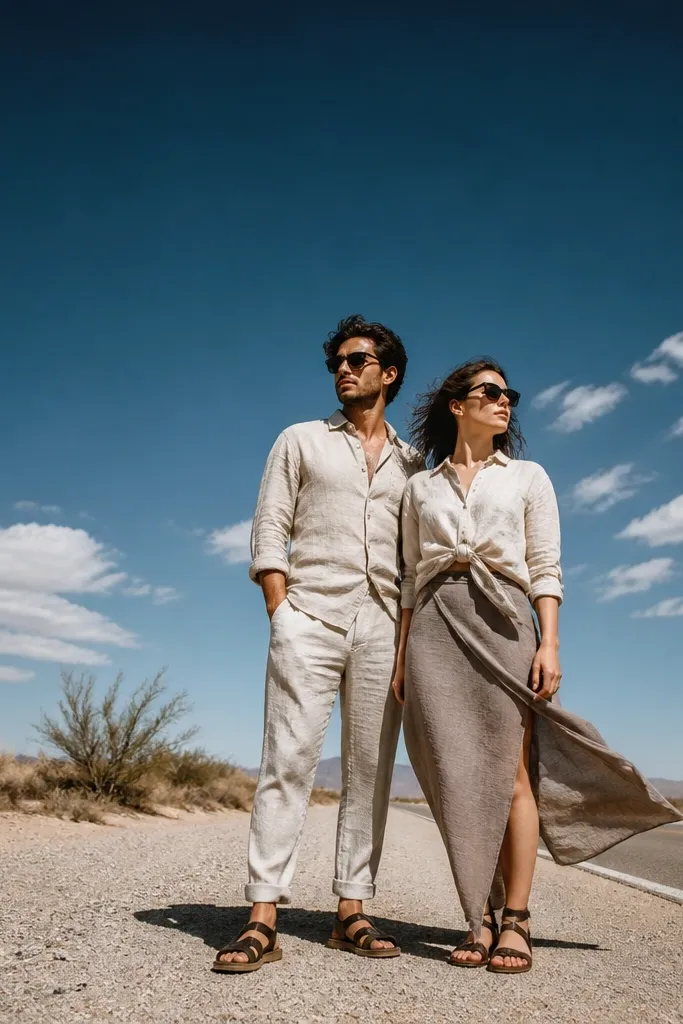 Couple walking along a desert road with wind-tossed neutral outfits