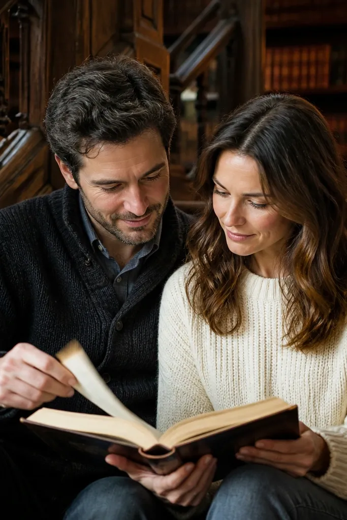 Couple sitting on library steps with open books and soft motion blur