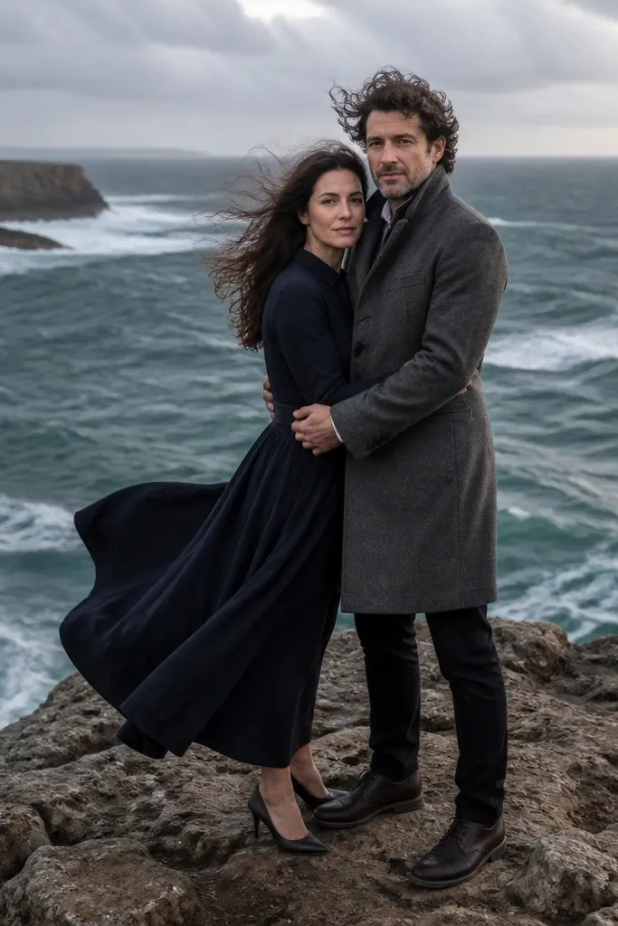 Couple standing on coastal rocks with wind-swept hair and ocean behind