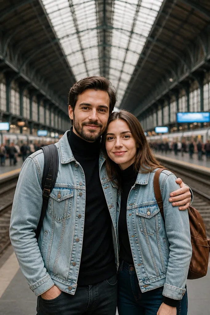 Couple standing on a train platform with tracks leading lines behind