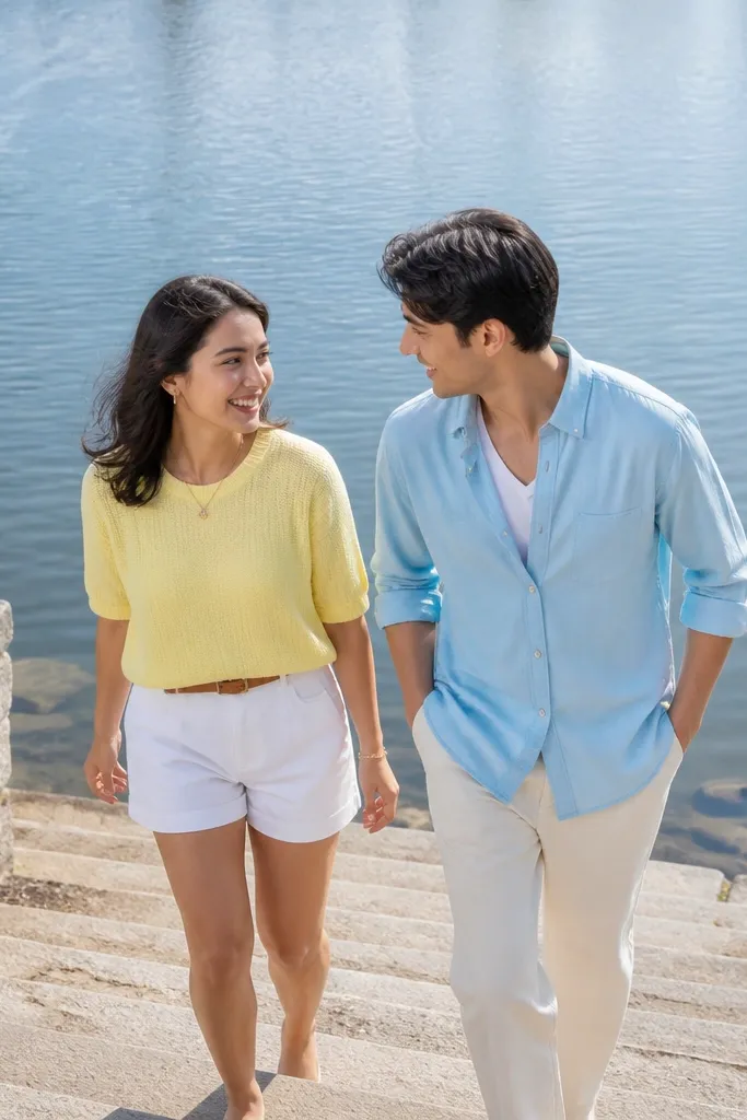 Couple posed on waterfront steps with bold color-block outfits