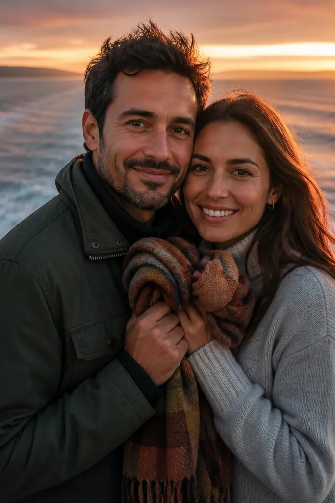 Couple holding hands on a ferry deck at sunset with warm sky