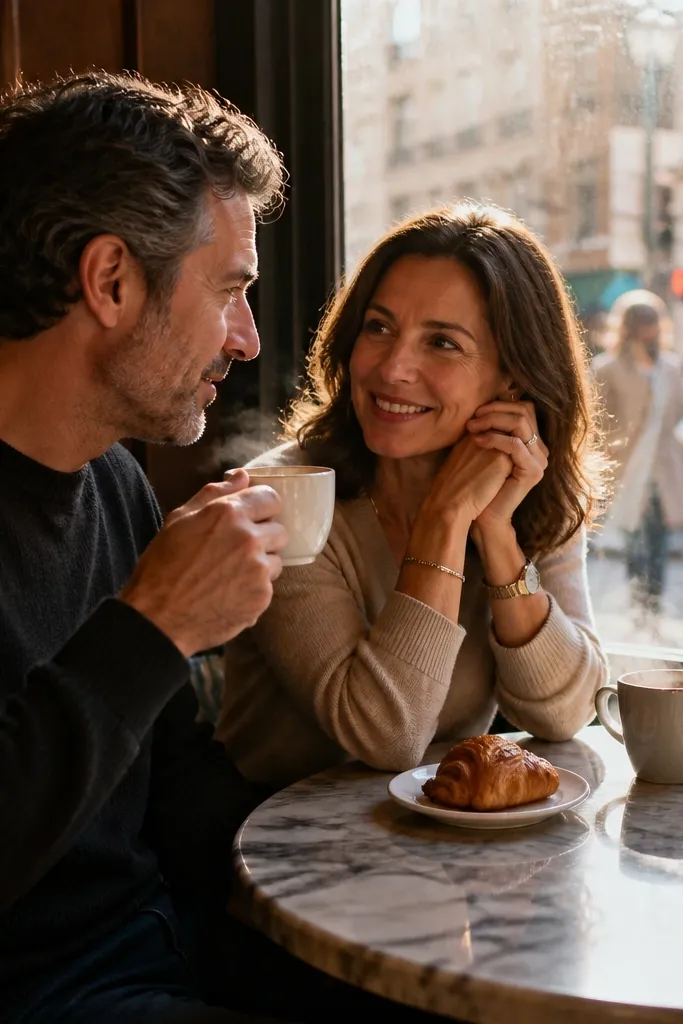 Couple by a café window with reflections and warm steam from cups
