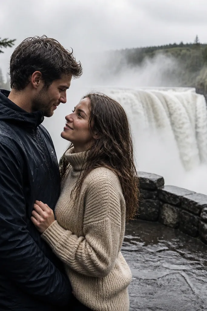 Couple near a waterfall with misty spray and dramatic background