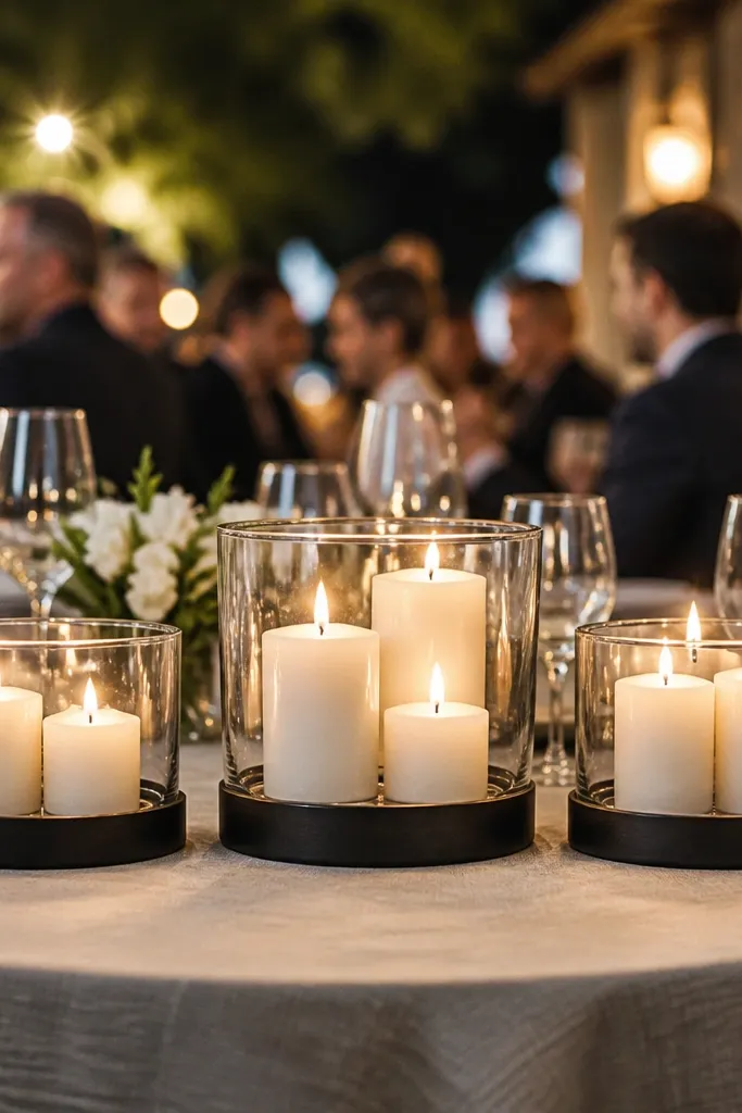 Clear glass holders with low candles on a round table
