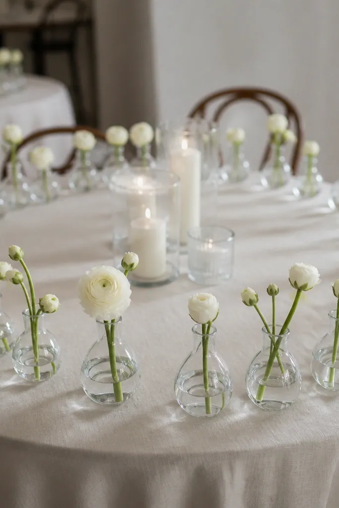 Small bud vases with simple flowers spaced across a round table