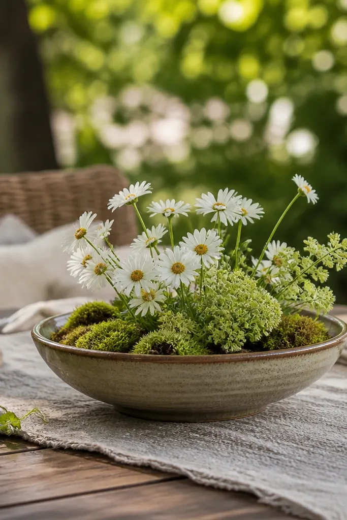 Shallow bowl of greenery and short flowers on a round table