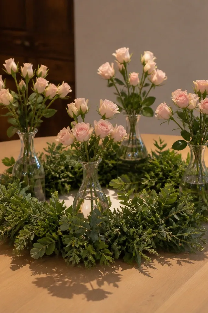 Greenery ring with small vases inside on a round table