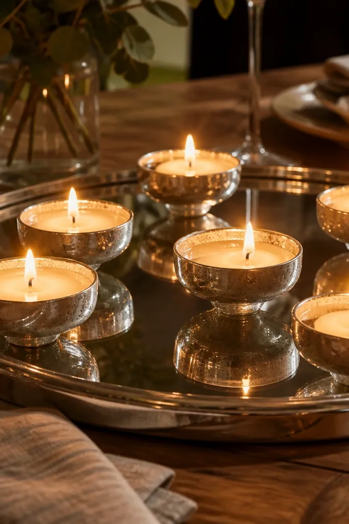 Mirrored tray with floating candles in shallow water